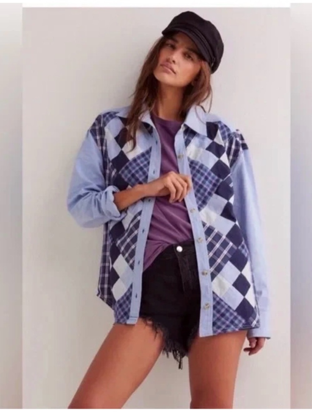 Free People We The Free Argyle Plaid Patchwork Button-Down Shirt - Picture 3 of 14